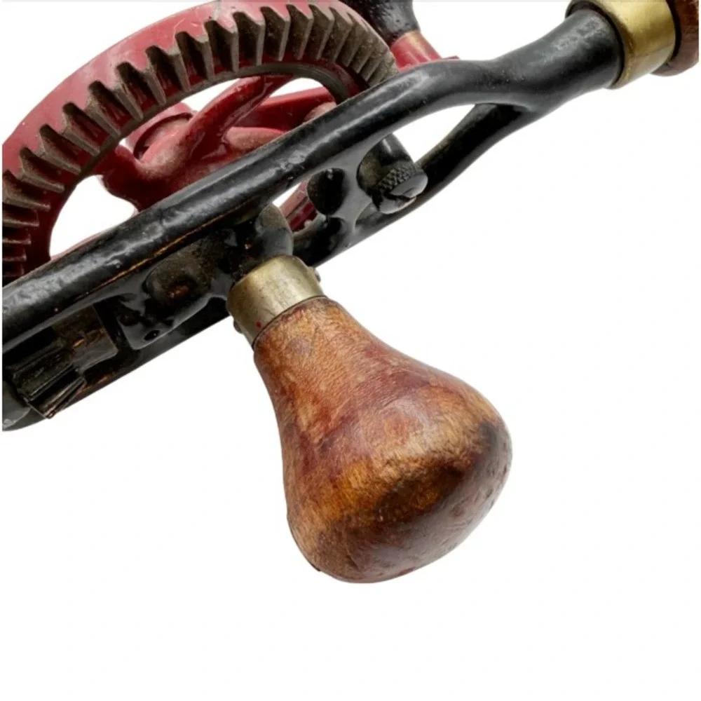 Vintage Hand Crank Eggbeater Drill Red Metal Wood Handle Manual Hand Drill Tool